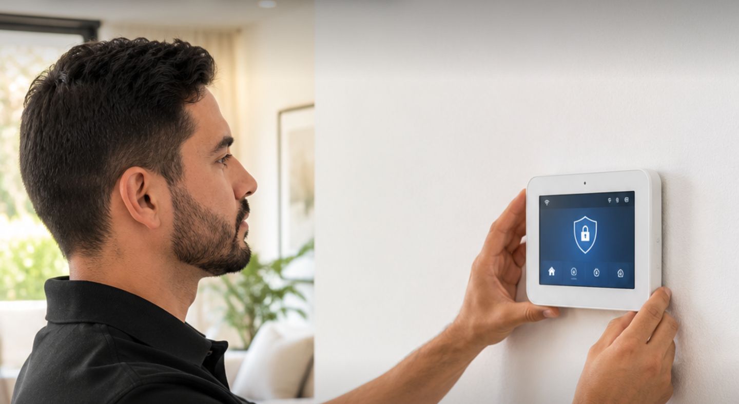 CVA Security technician installing a new smart alarm panel to replace a Cox Homelife system in San Diego
