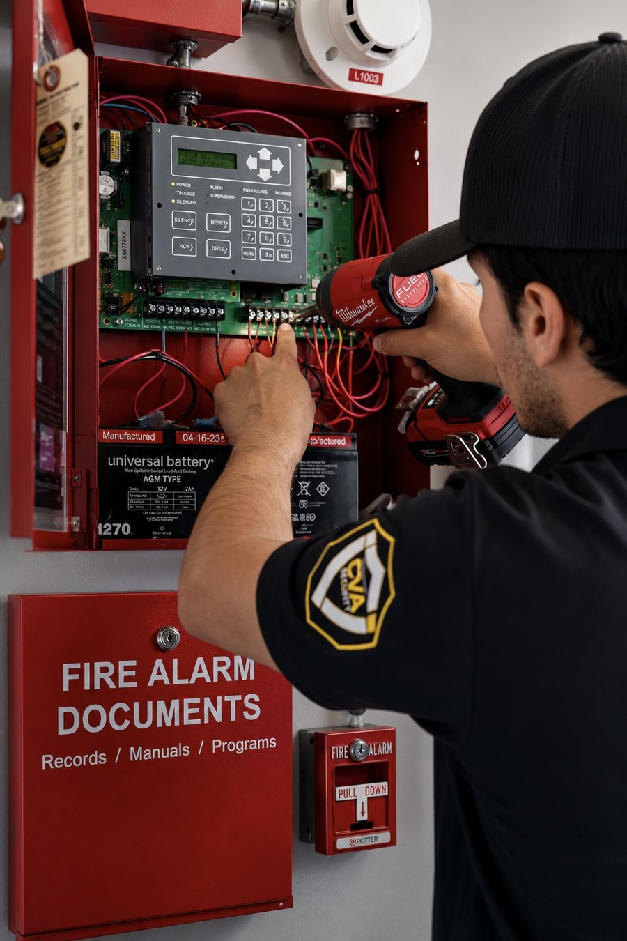 CVA Fire Technician at panel with drill