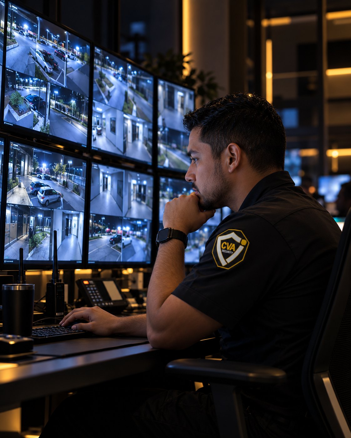 CVA Security agent monitoring live cameras 24/7