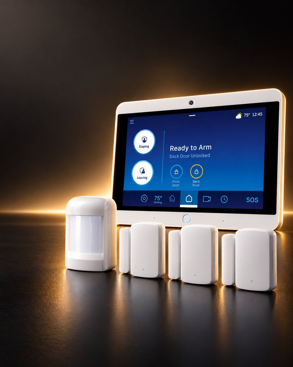 Napco Prima touchscreen panel with 3 door sensors and 1 motion sensor